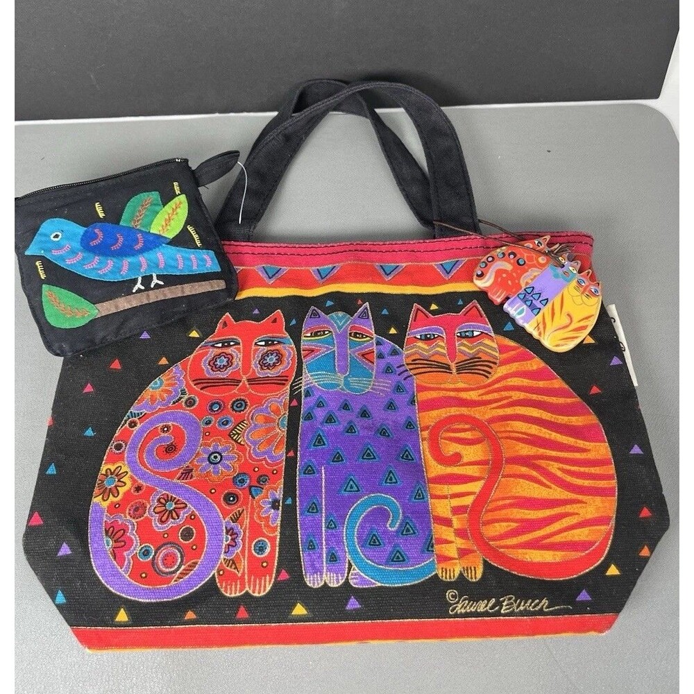 Vtg Laurel Burch Hand Printed Feline Friends Tote Bag Purse Wooden Keychain LB9